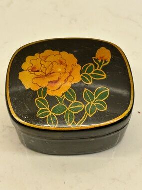Vintage Black Floral Lacquered Trinket Box with Gold Rose